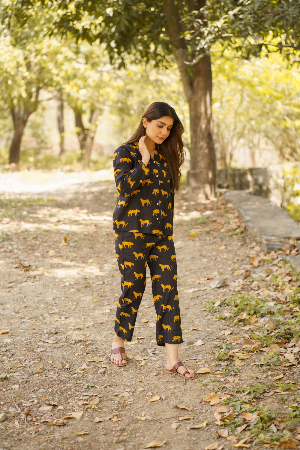 Black Leopard Print Cotton Loungewear Pj set