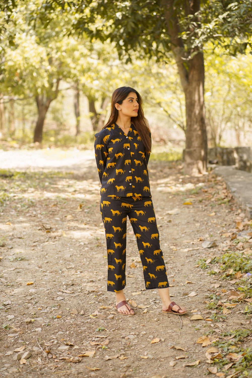Black Leopard Print Cotton Loungewear Pj set