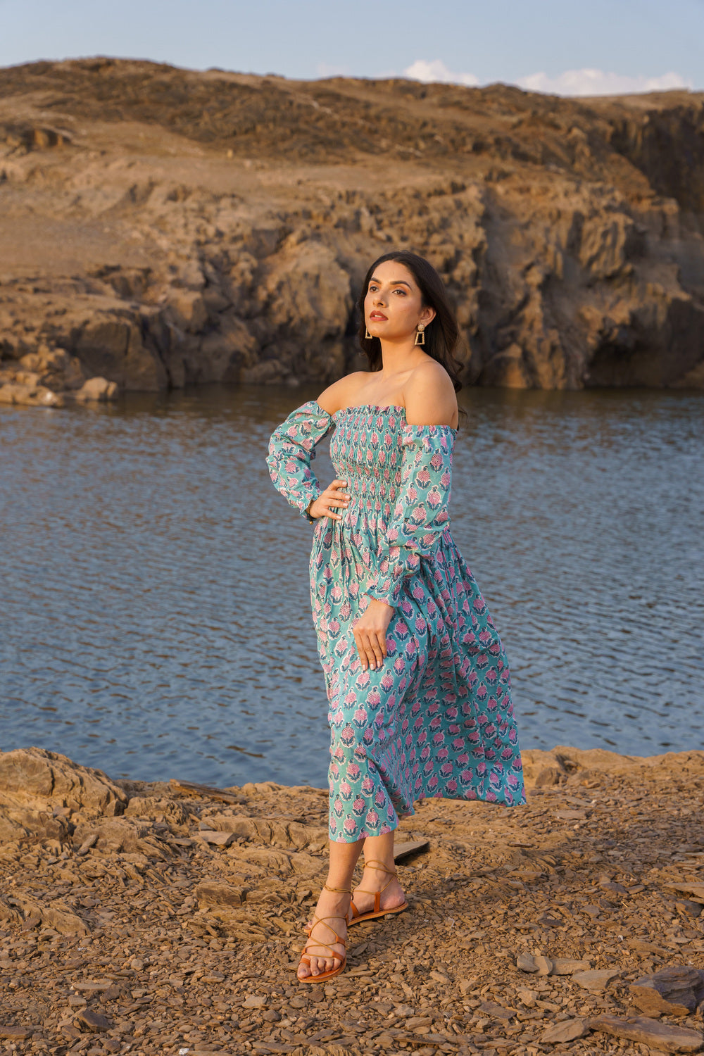 Blue Smoking Off Shoulder Cotton Block Print Dress