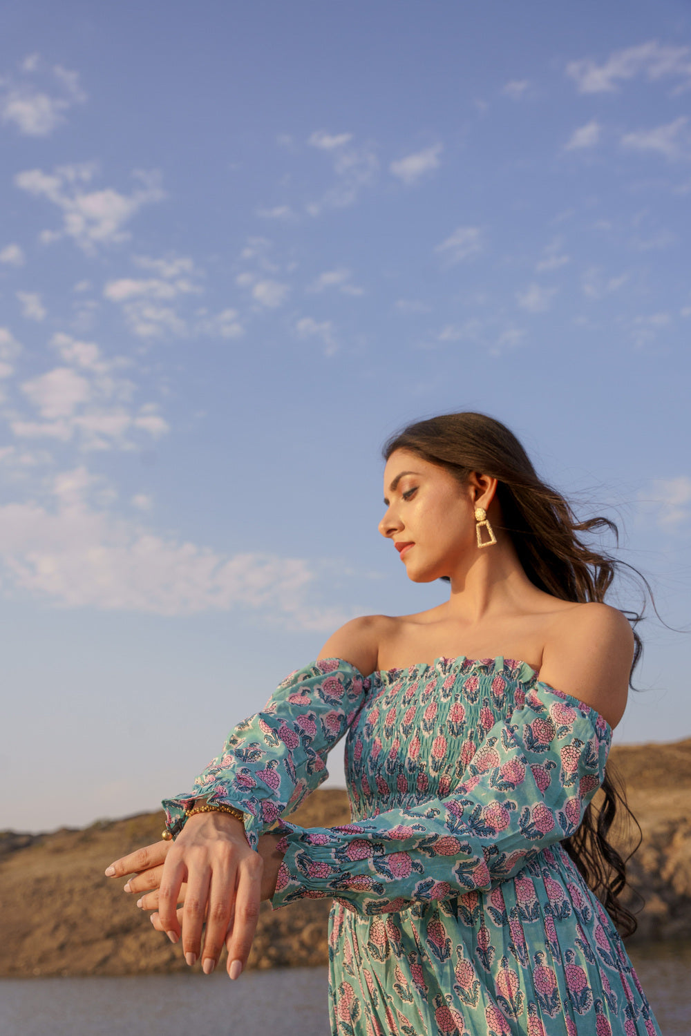Blue Smoking Off Shoulder Cotton Block Print Dress