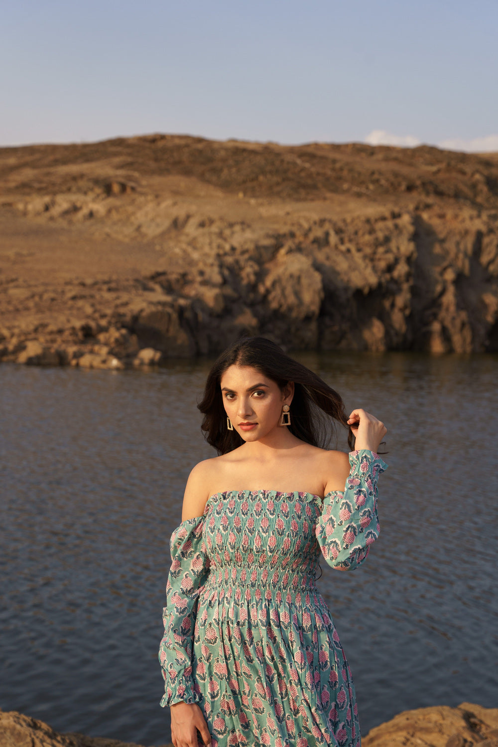 Blue Smoking Off Shoulder Cotton Block Print Dress