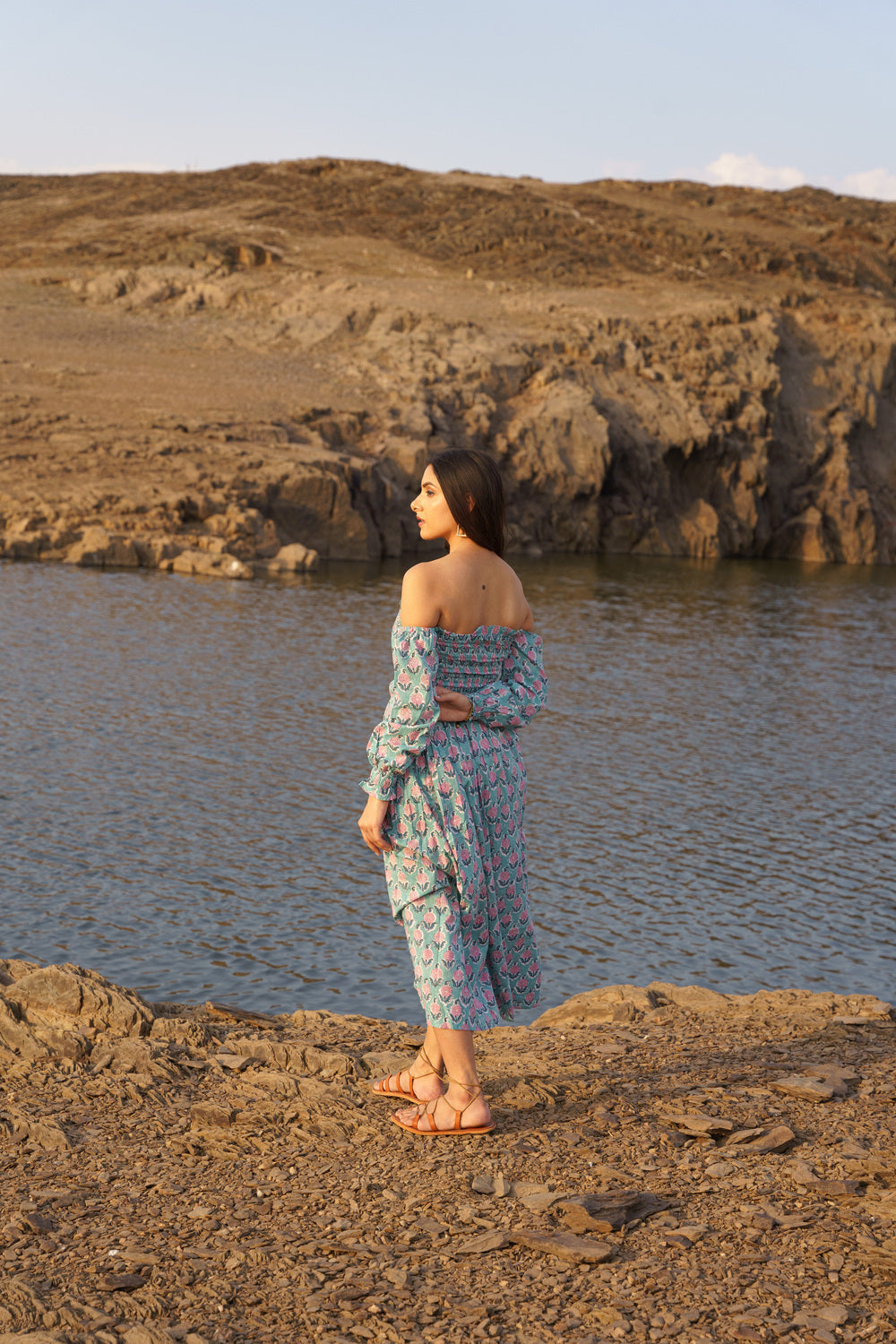 Blue Smoking Off Shoulder Cotton Block Print Dress