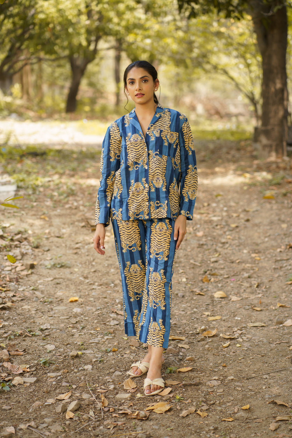 Blue Tiger Print Cotton Loungewear Pj set