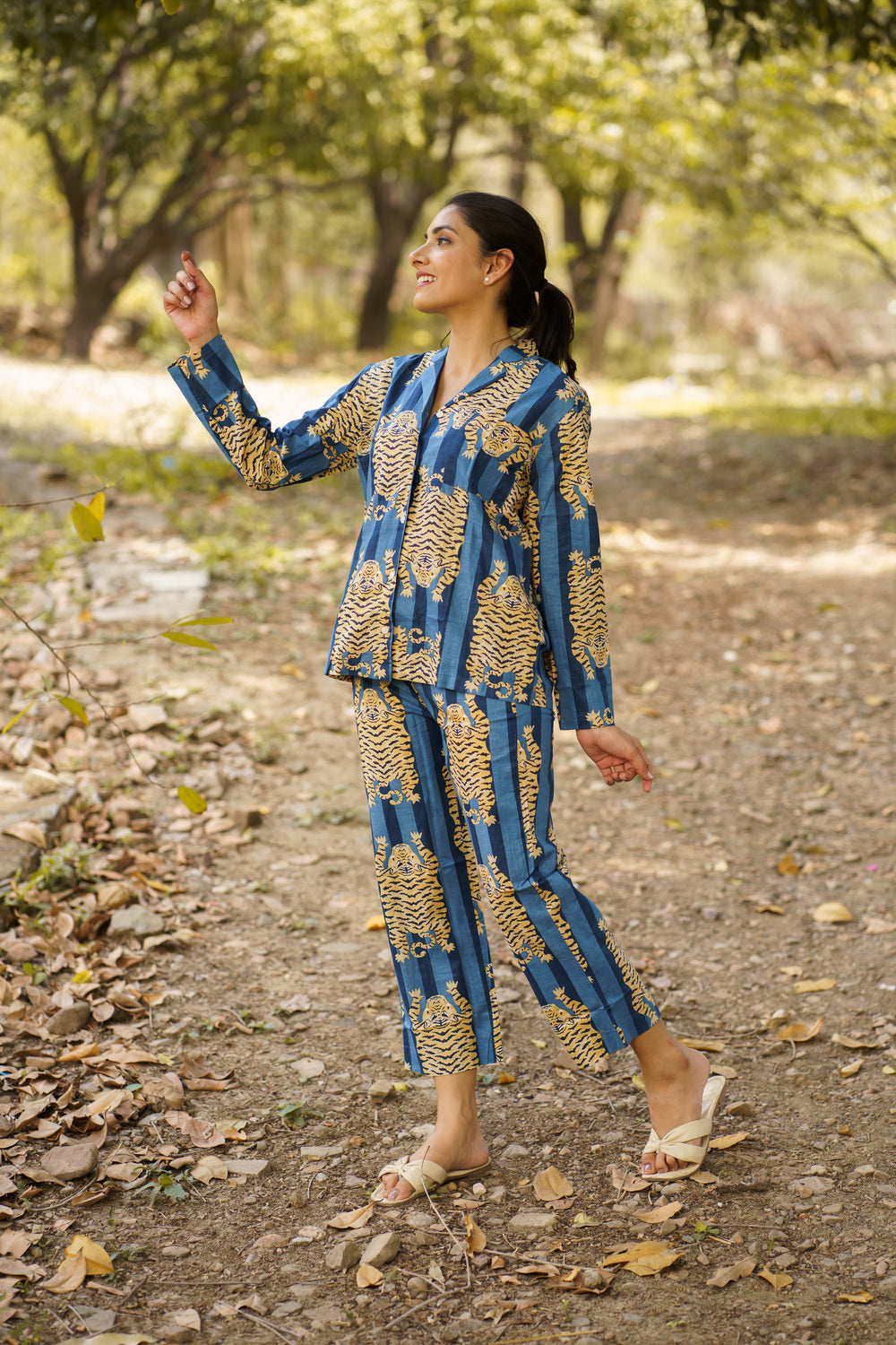 Blue Tiger Print Cotton Loungewear Pj set