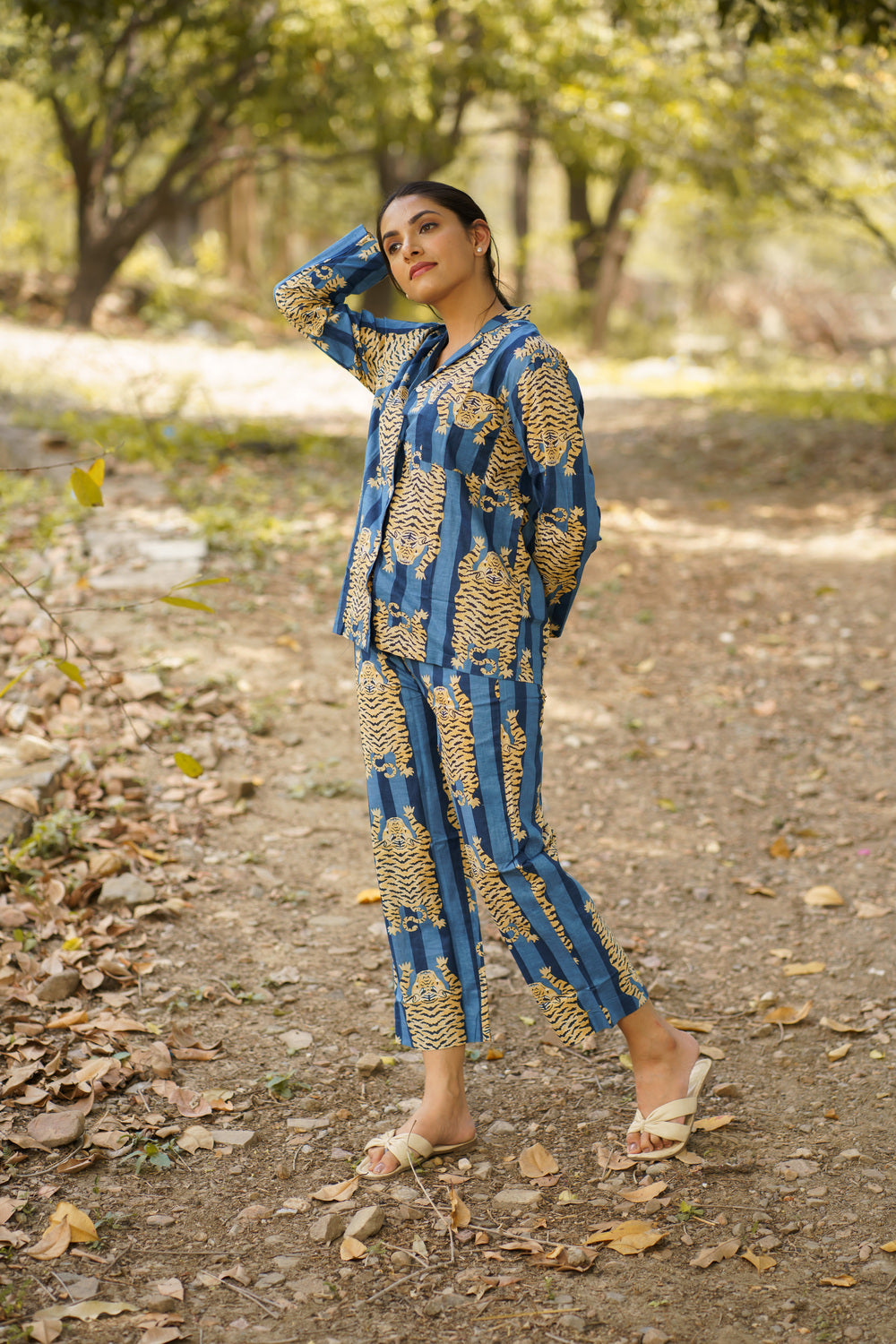 Blue Tiger Print Cotton Loungewear Pj set