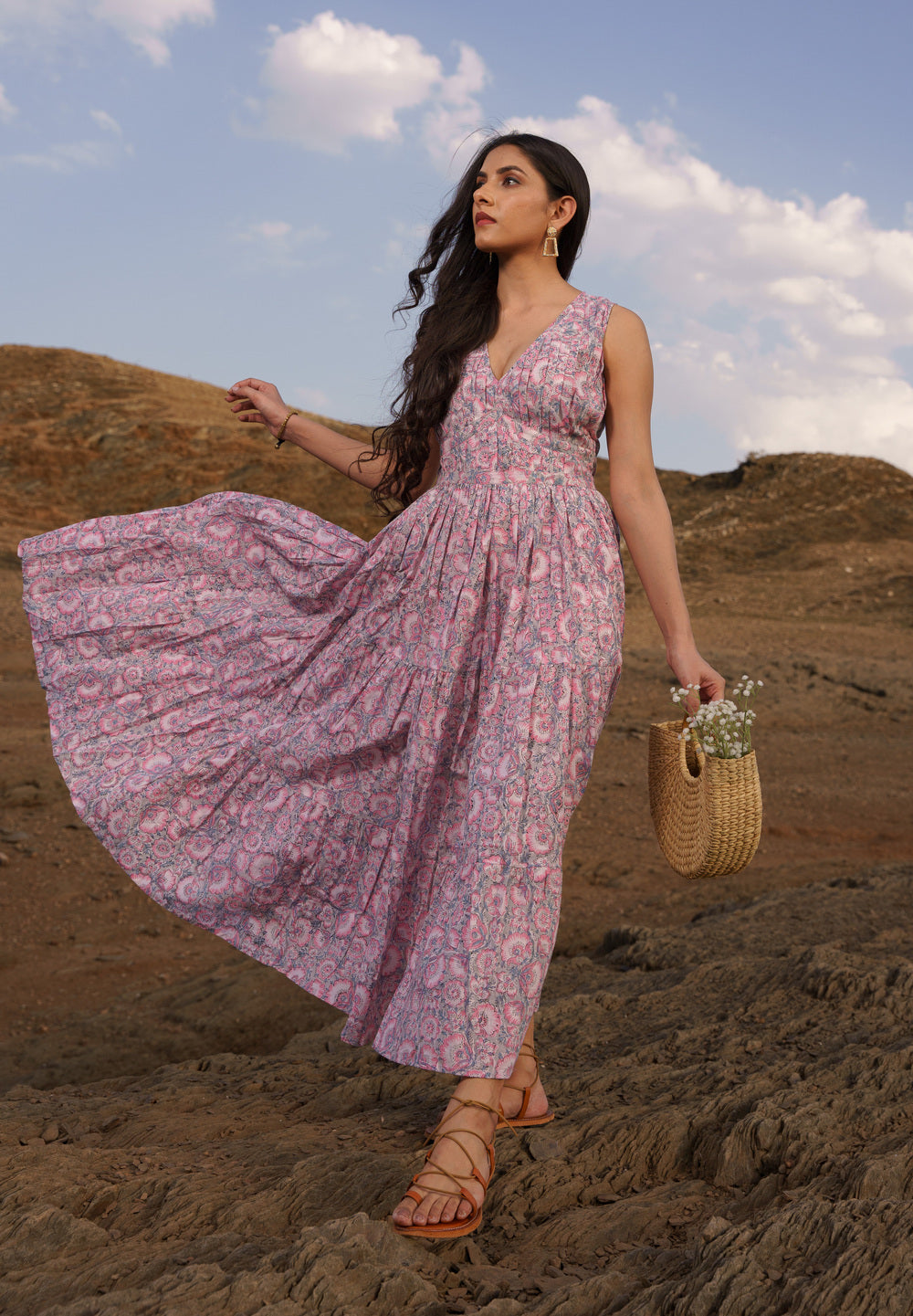 Daisy Pink Cotton Block Print Tiered Maxi Dress