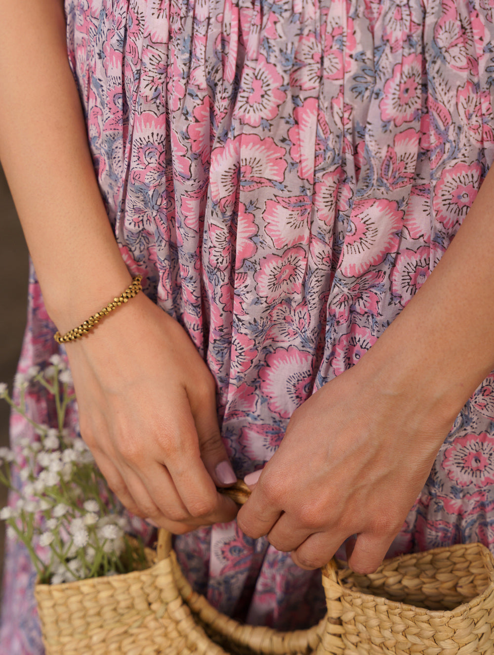 Daisy Pink Cotton Block Print Tiered Maxi Dress