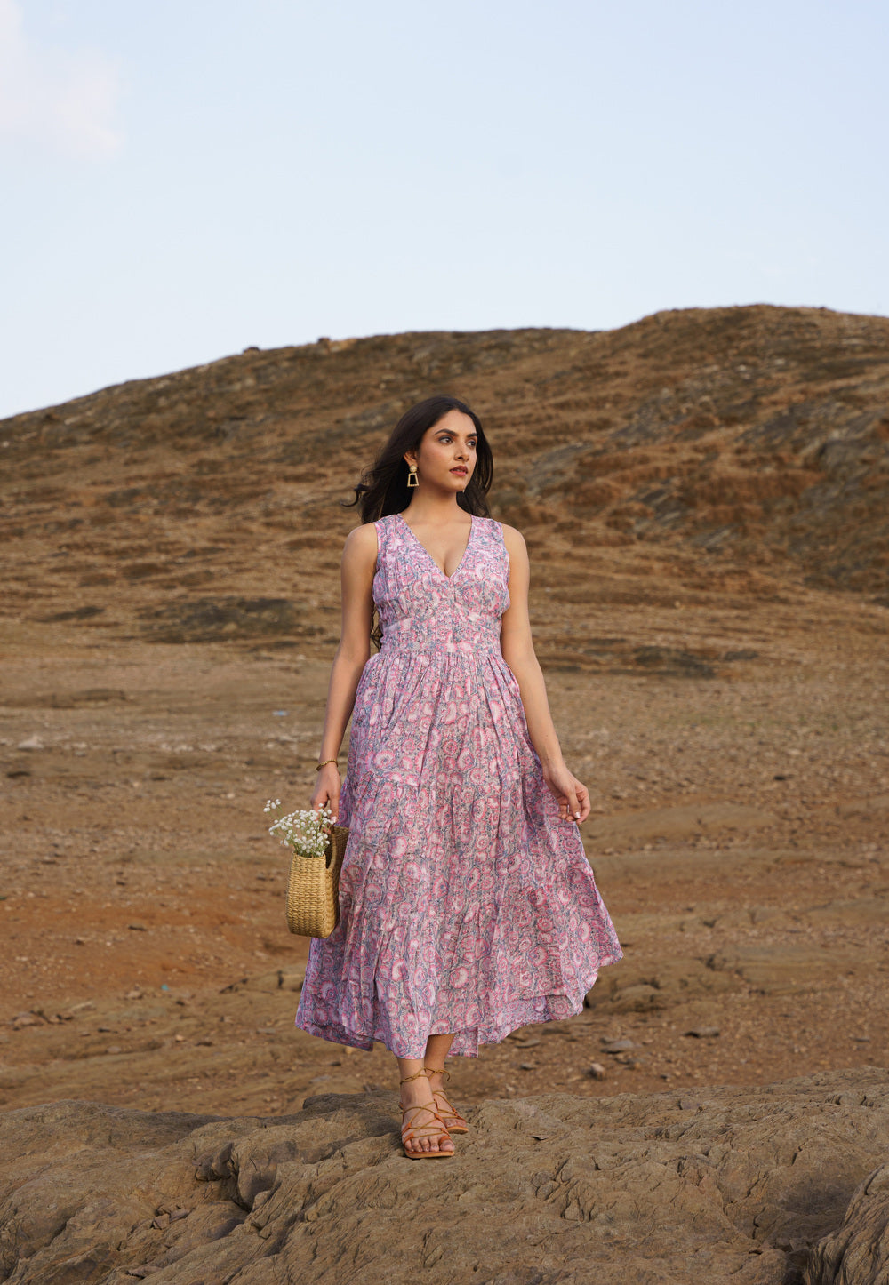 Daisy Pink Cotton Block Print Tiered Maxi Dress