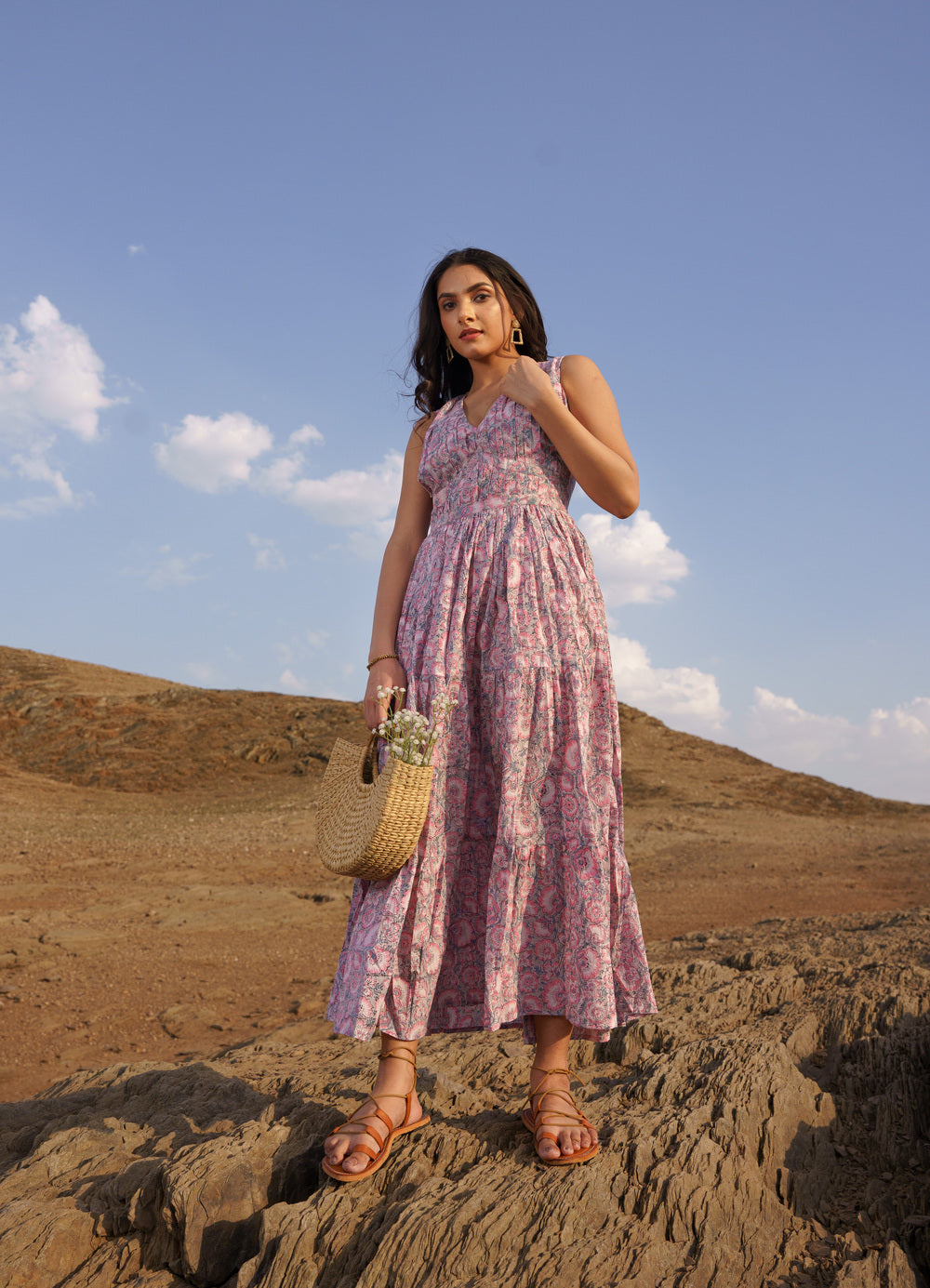 Daisy Pink Cotton Block Print Tiered Maxi Dress