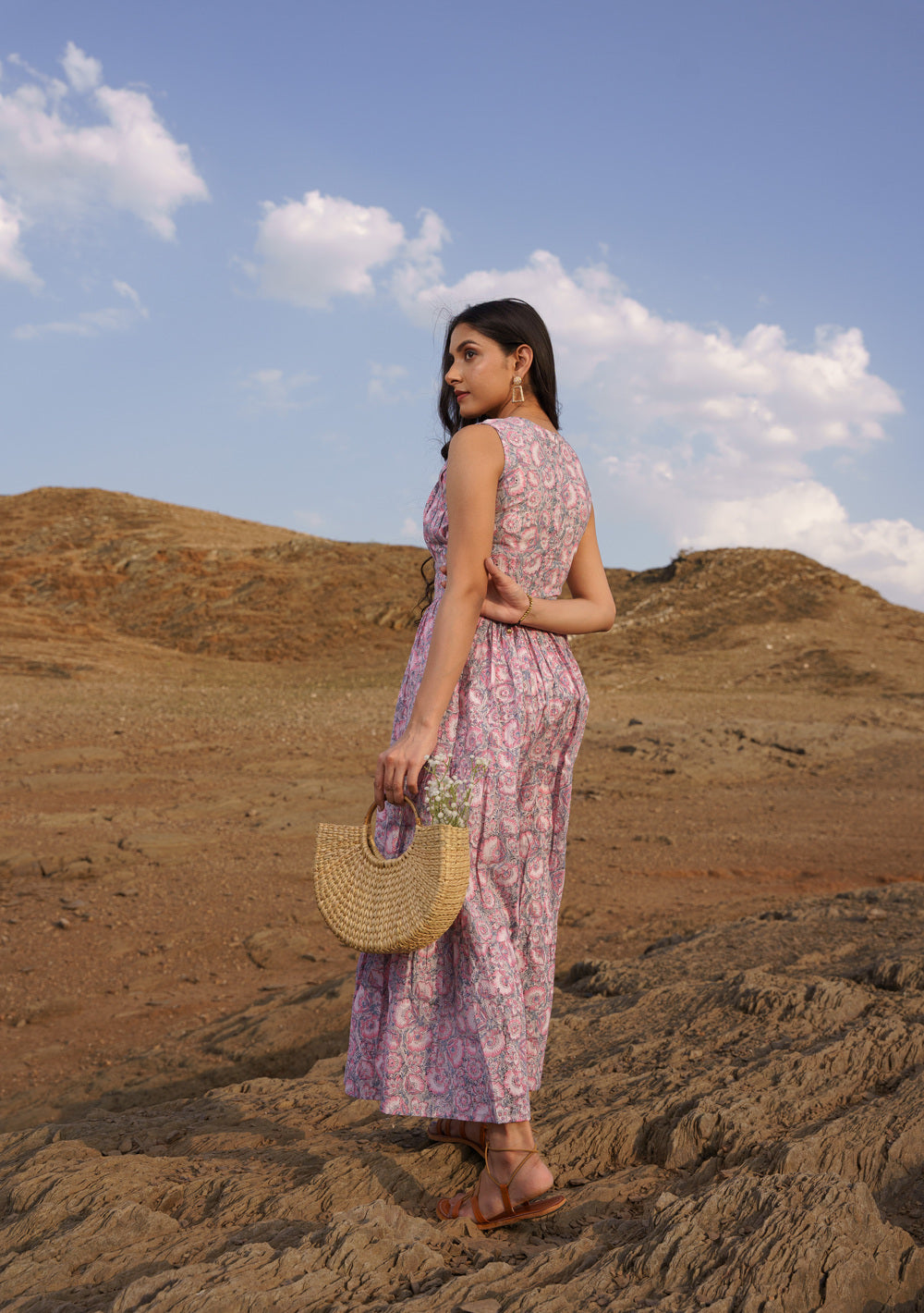 Daisy Pink Cotton Block Print Tiered Maxi Dress