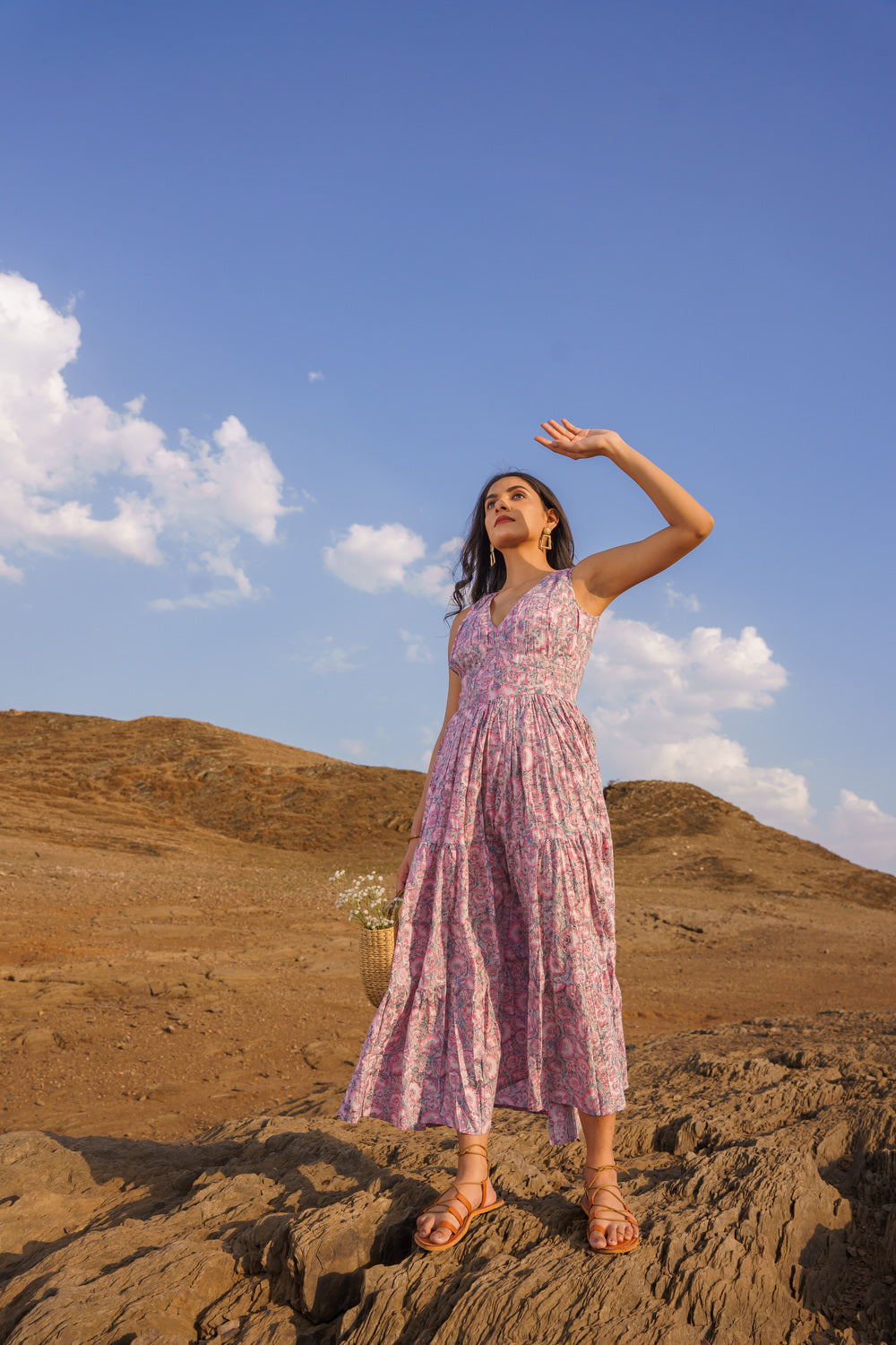 Daisy Pink Cotton Block Print Tiered Maxi Dress