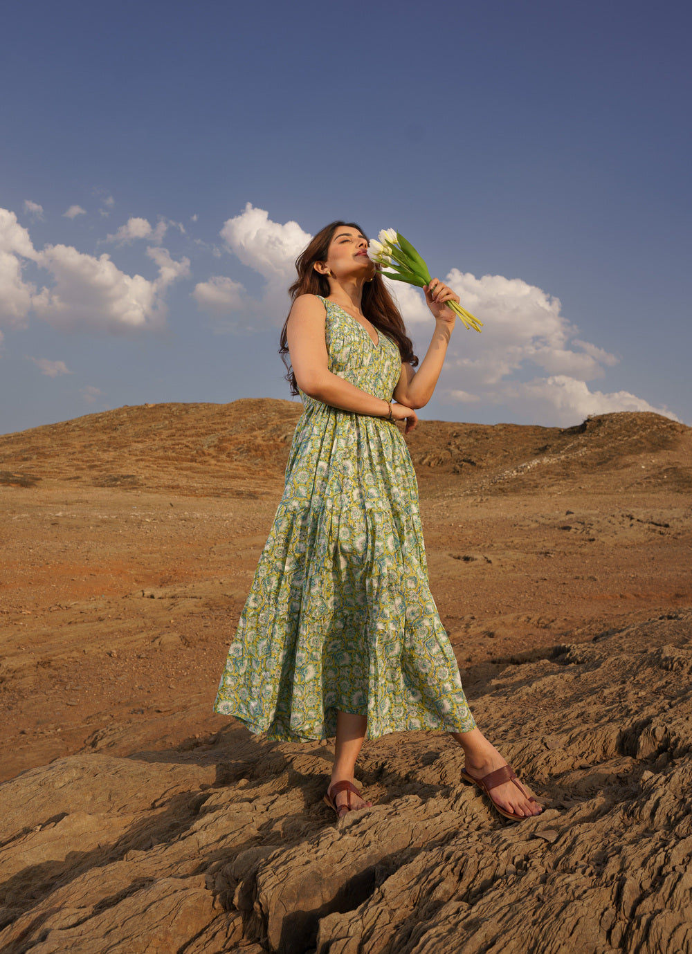 Daisy Yellow Cotton Block Print Tiered Maxi Dress