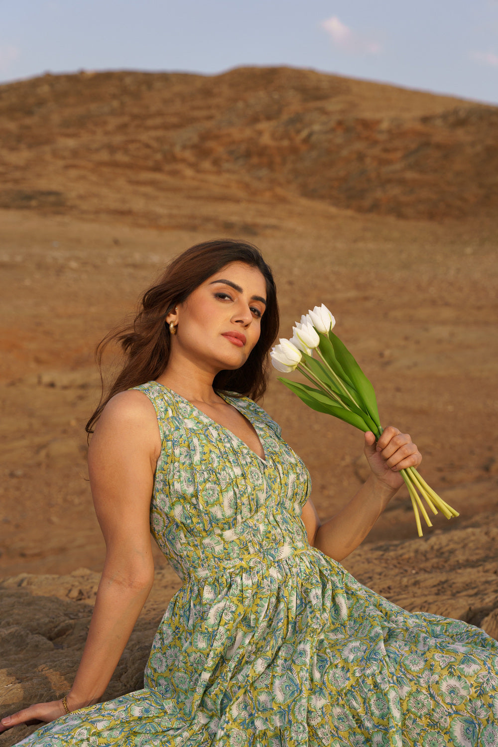 Daisy Yellow Cotton Block Print Tiered Maxi Dress