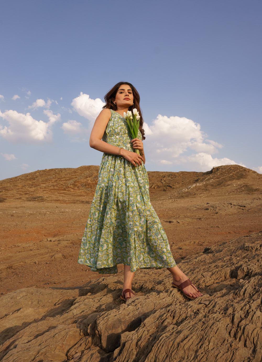 Daisy Yellow Cotton Block Print Tiered Maxi Dress