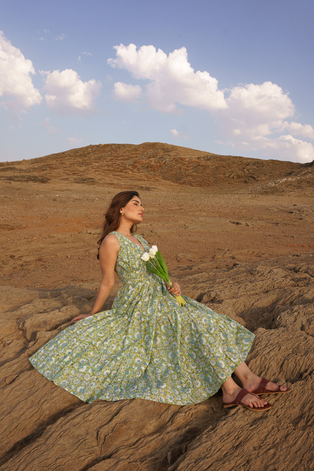 Daisy Yellow Cotton Block Print Tiered Maxi Dress