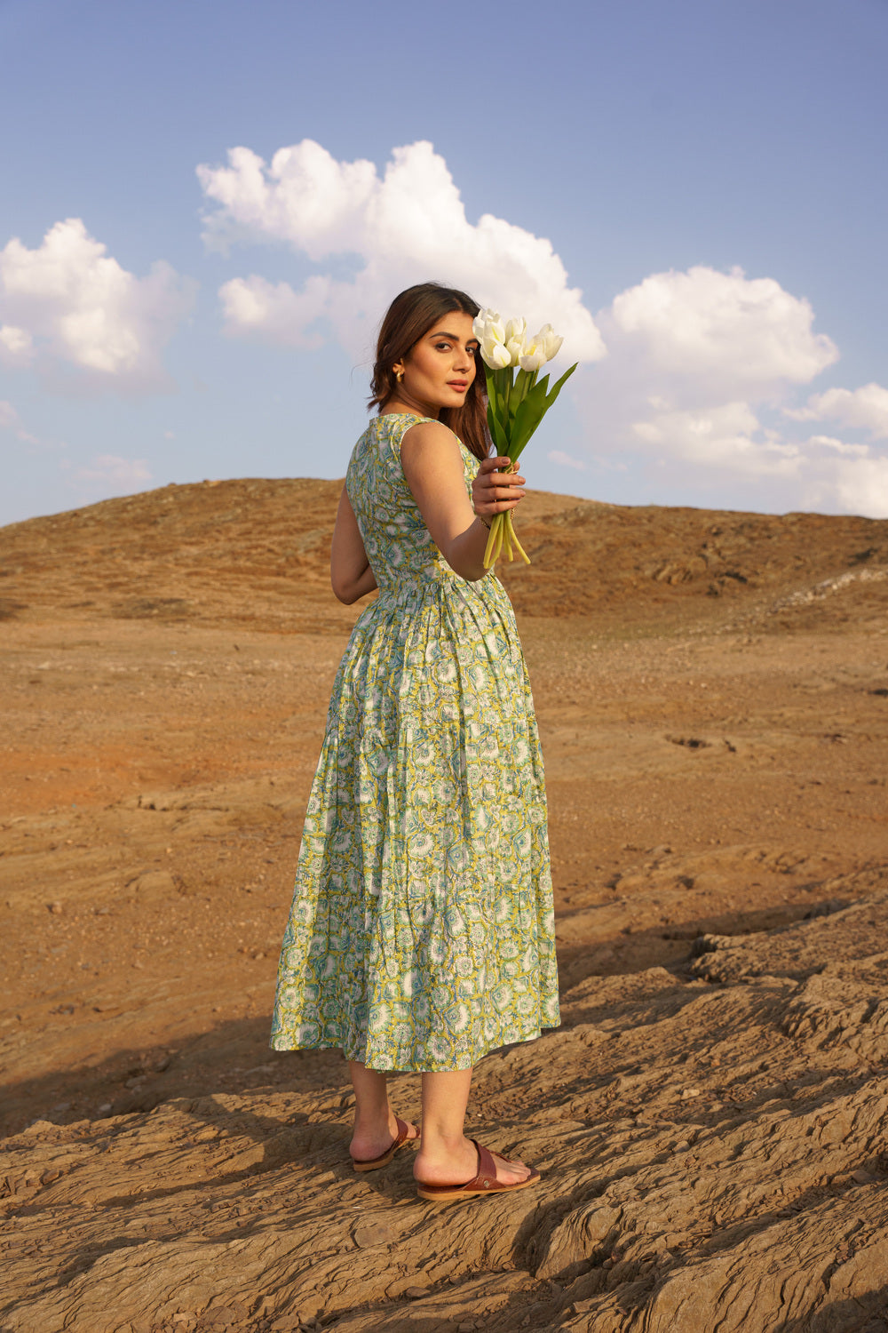 Daisy Yellow Cotton Block Print Tiered Maxi Dress