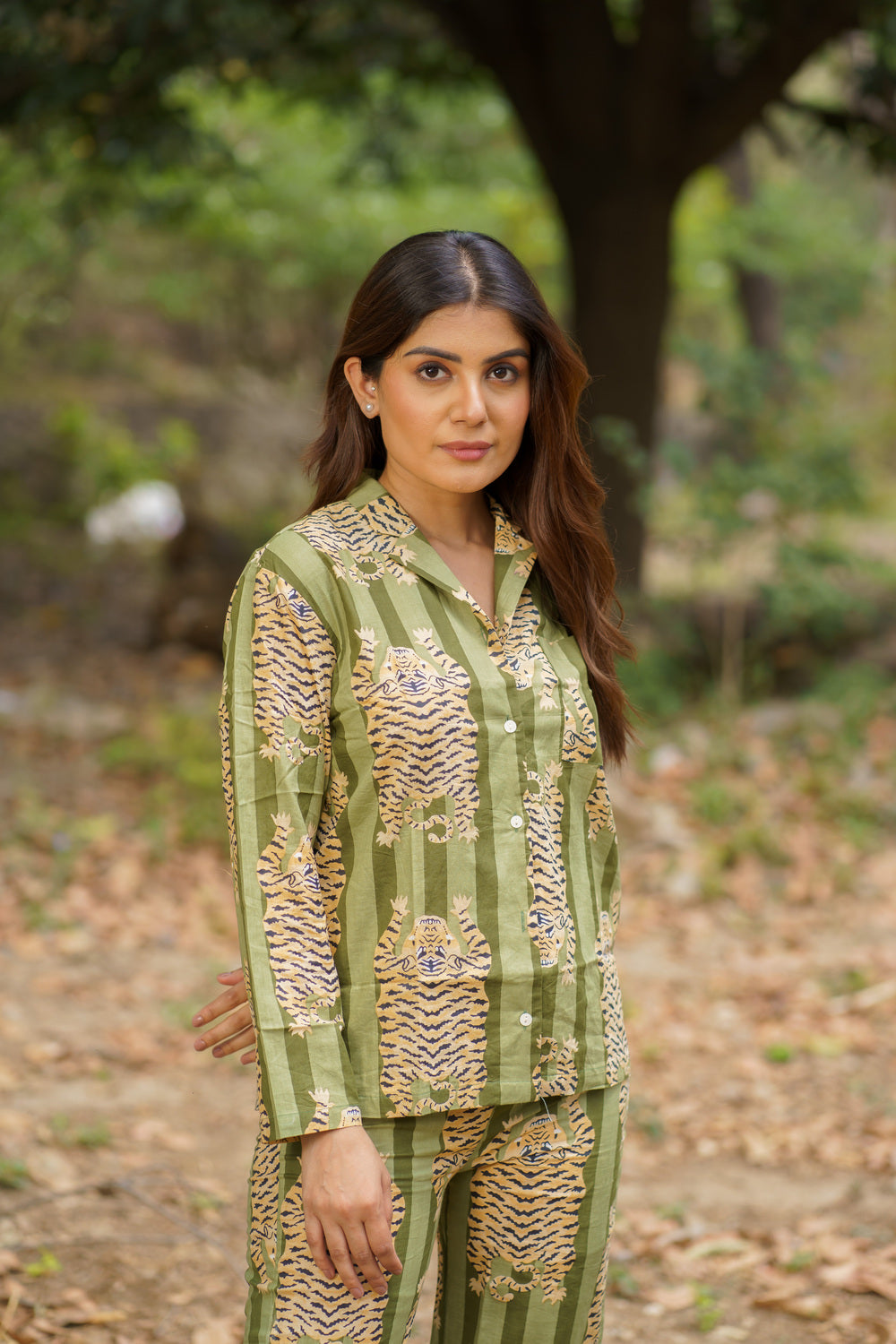 Green Tiger Print Cotton Loungewear Pj set