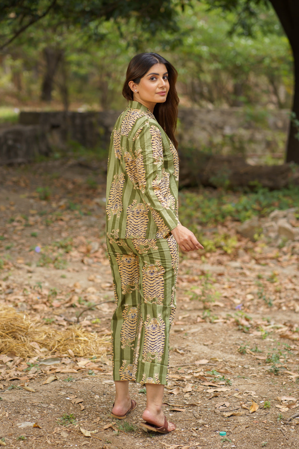 Green Tiger Print Cotton Loungewear Pj set