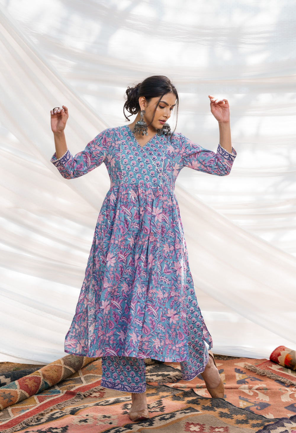 Nazakat Blue Cotton Block Print Kurta Set