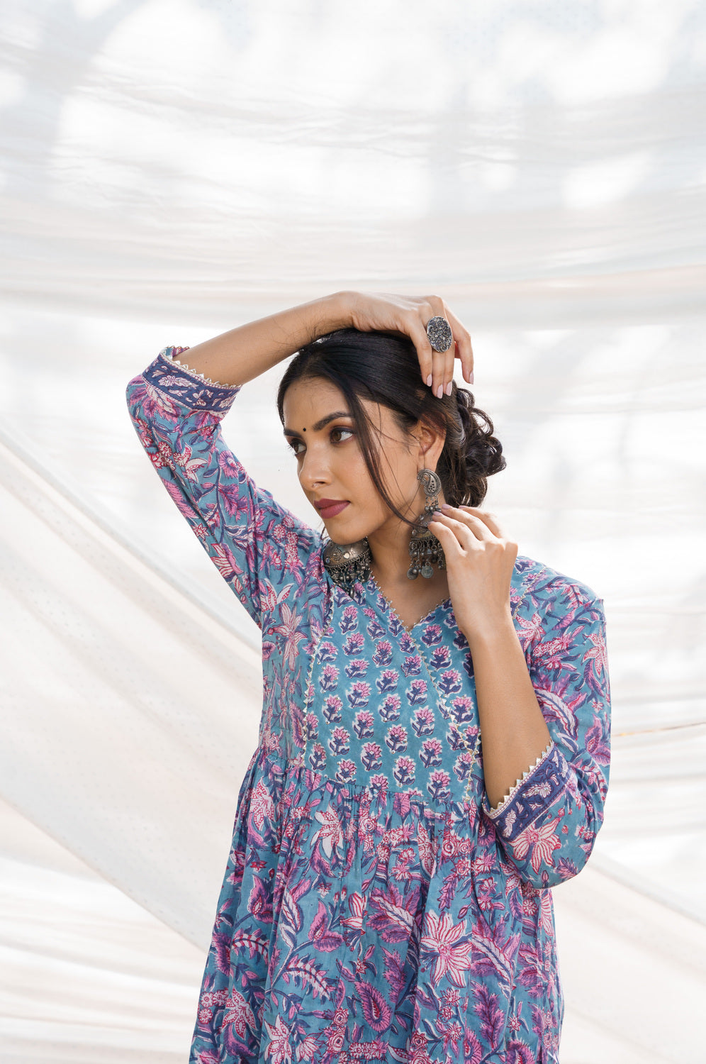 Nazakat Blue Cotton Block Print Kurta Set