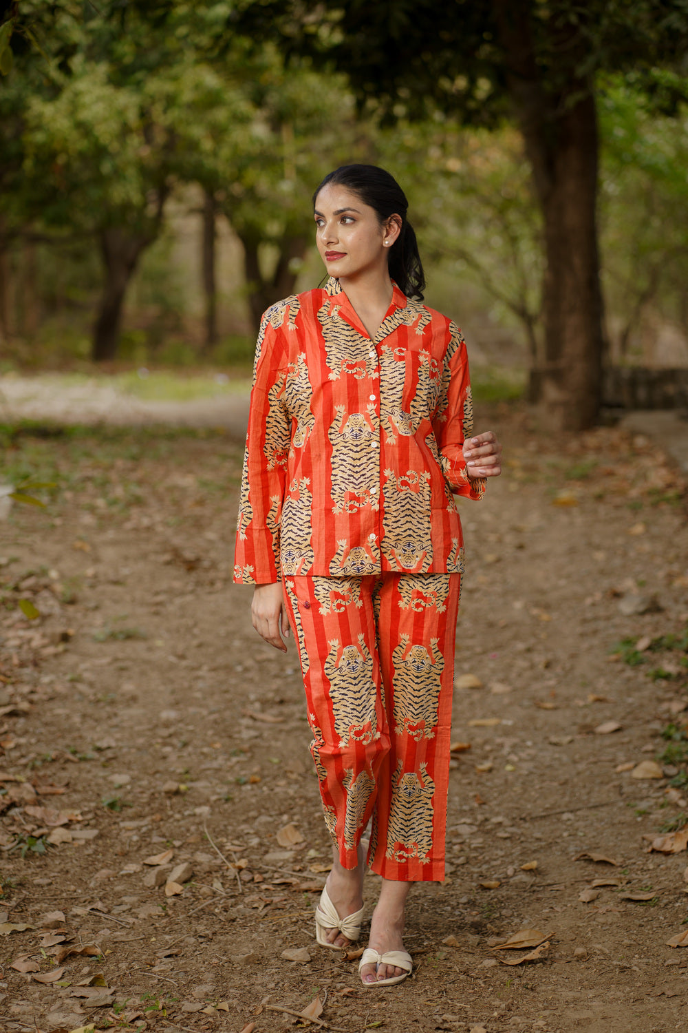 Orange Tiger Print Cotton Loungewear Pj set
