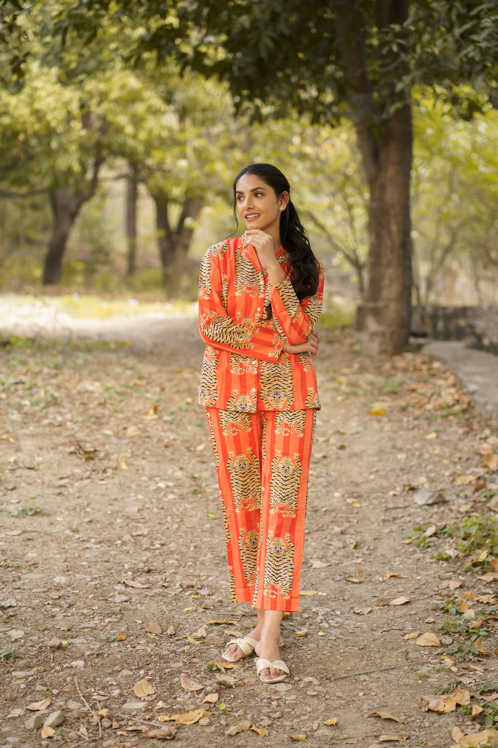 Orange Tiger Print Cotton Loungewear Pj set
