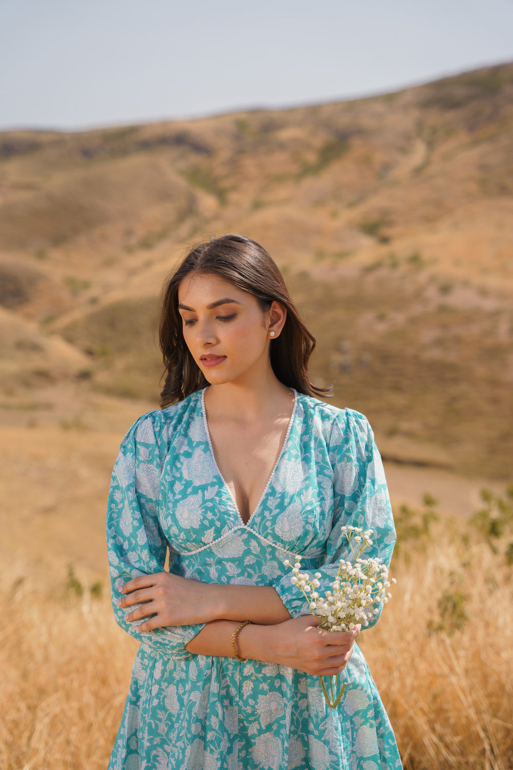 Sharleez Turquoise Cotton Block Print Midi Dress