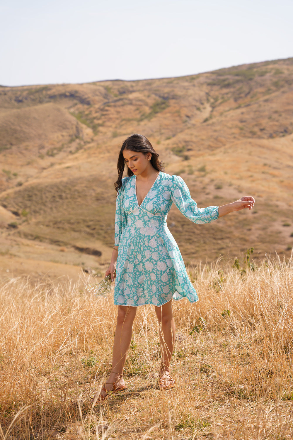 Sharleez Turquoise Cotton Block Print Midi Dress