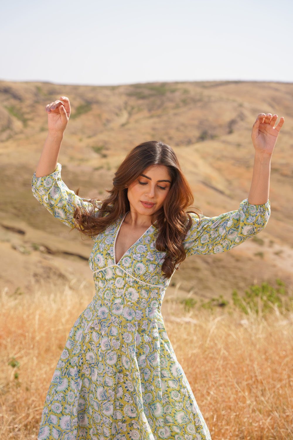 Sharleez Yellow Cotton Block Print Midi Dress