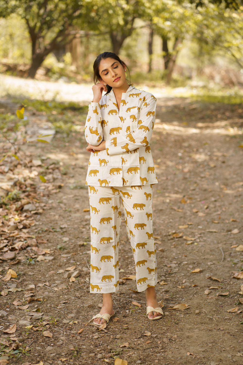 White Leopard Print Cotton Loungewear Pj set