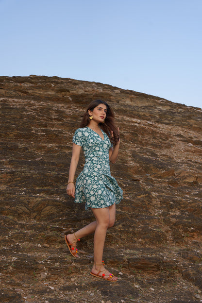 Emerald Green Cotton Hand Block Print Floral Midi Dress