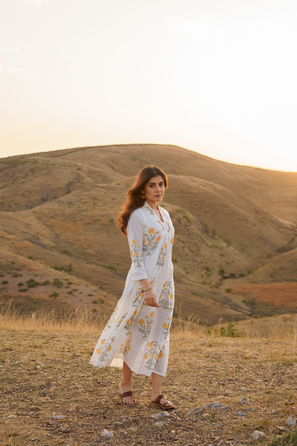 Firdous Marigold Cotton Block Print Long Dress