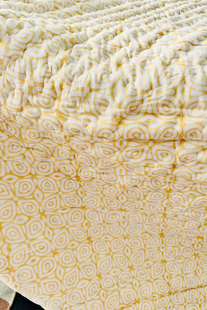 Mustard Geometrical Hand Block Print Reversible Quilt