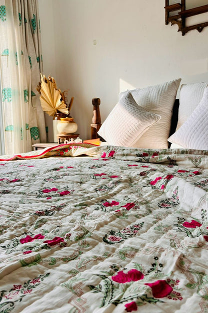 Pink Peony Hand Block Print Reversible Quilt