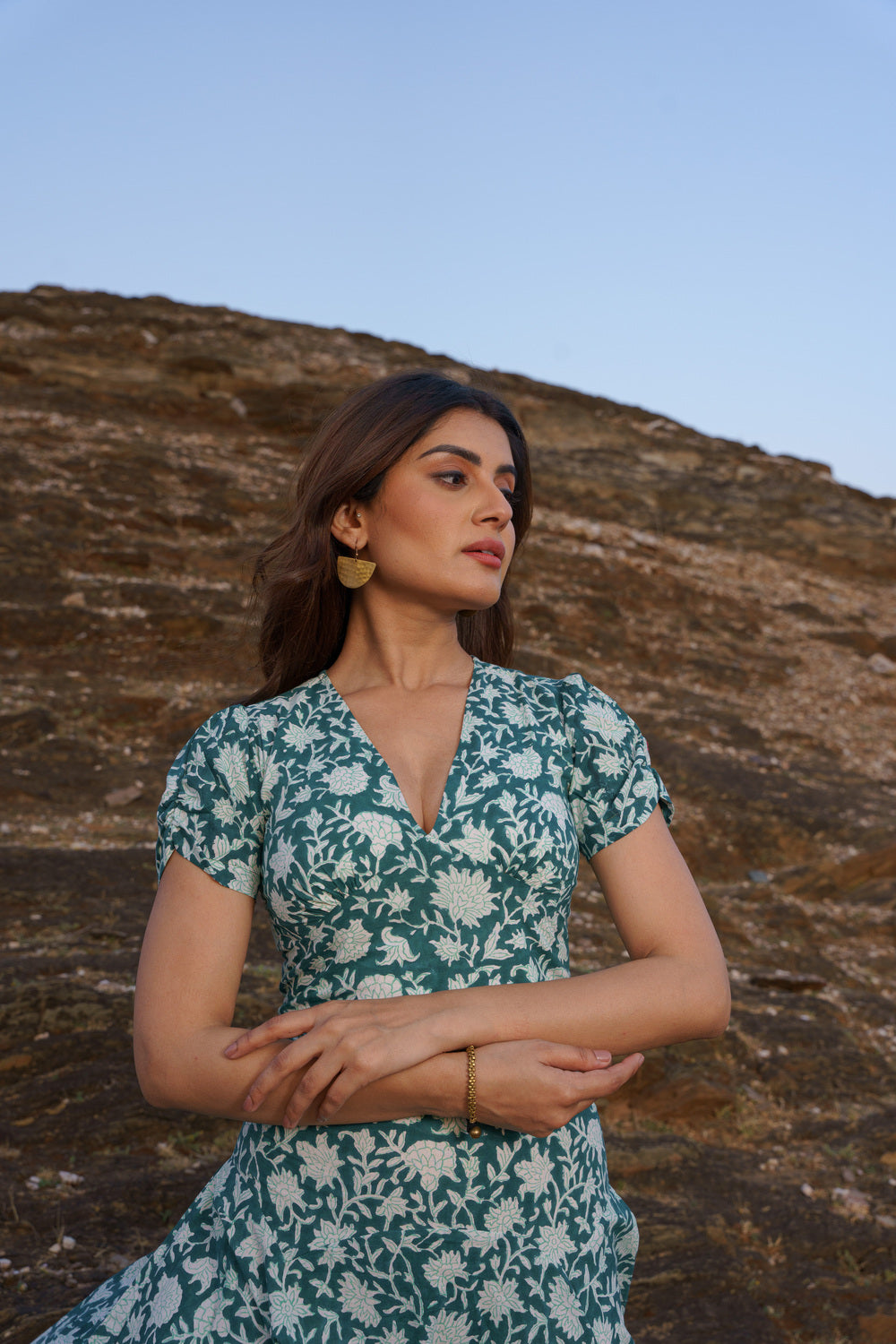 Emerald Green Cotton Hand Block Print Floral Midi Dress