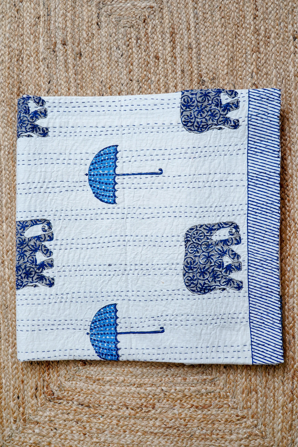 Blue Elephant Umbrella Block Printed Kantha Bedcover