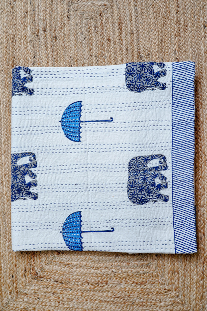 Blue Elephant Umbrella Block Printed Kantha Bedcover