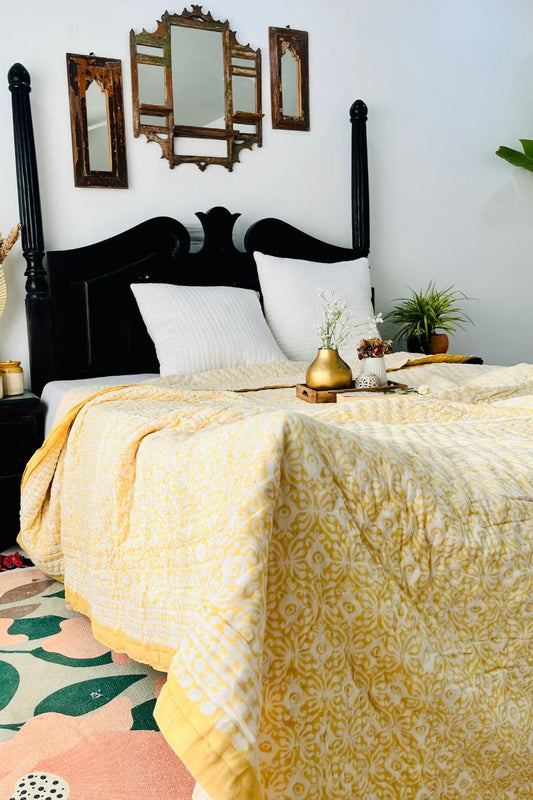 Yellow Evileye Hand Block Print Reversible Quilt