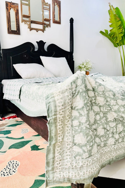Sage Green Chintz Hand Block Print Reversible Quilt