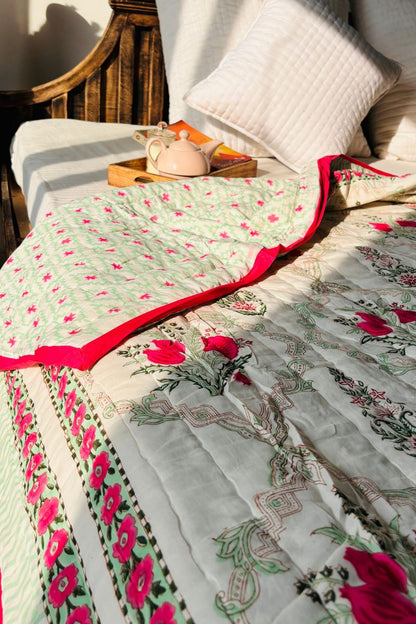 Pink Peony Hand Block Print Reversible Quilt