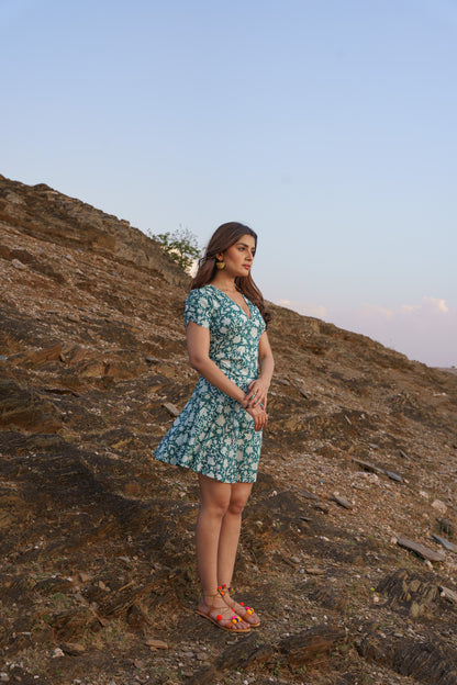 Emerald Green Cotton Hand Block Print Floral Midi Dress