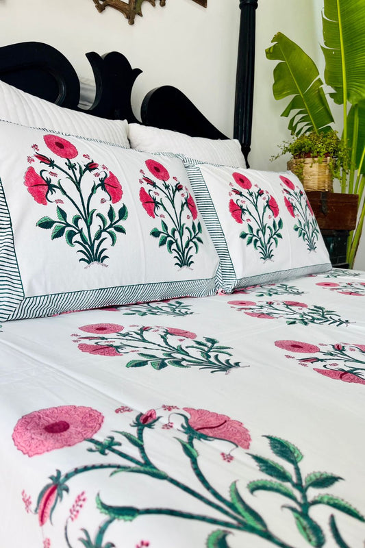 Pink Poppy Hand Block Printed Cotton Bedsheet