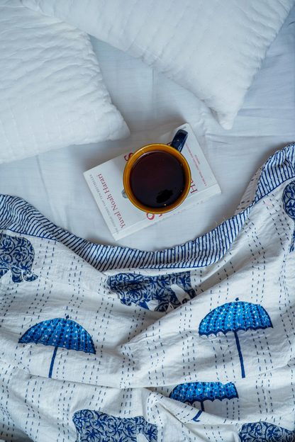 Blue Elephant Umbrella Block Printed Kantha Bedcover