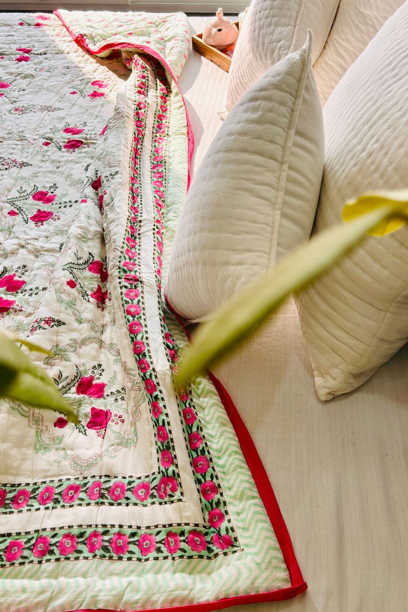 Pink Peony Hand Block Print Reversible Quilt