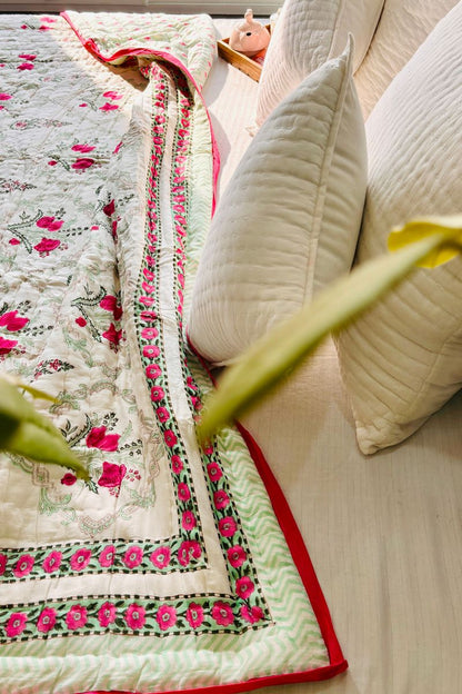 Pink Peony Hand Block Print Reversible Quilt