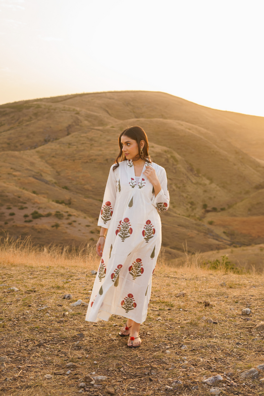 Firdous Poppy Cotton Block Print Long Dress