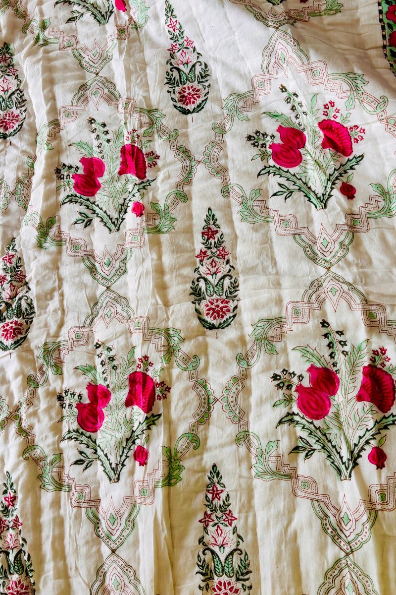 Pink Peony Hand Block Print Reversible Quilt