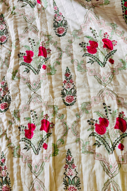Pink Peony Hand Block Print Reversible Quilt