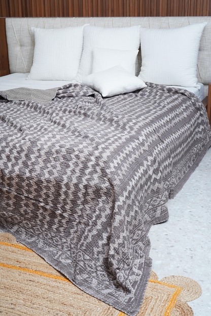Chevron Dabu Block Printed Kantha Bedcover
