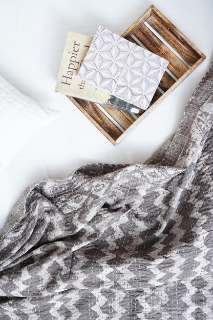 Chevron Dabu Block Printed Kantha Bedcover